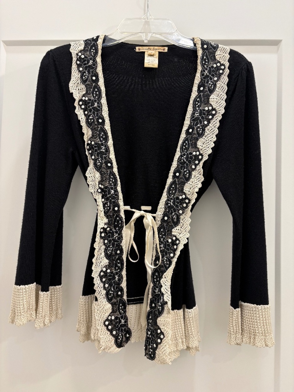 NANETTE LEPORE Black & Cream Merino Sweater with Satin Tie; Size: XS